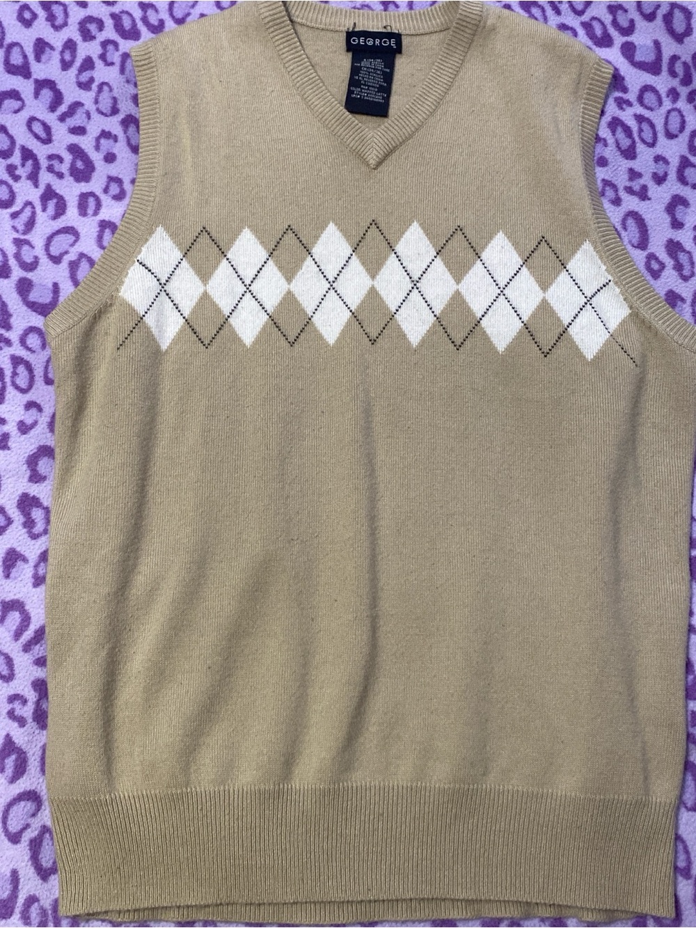 George Tan V-Neck Argyle Sweater Vest with White Diamonds